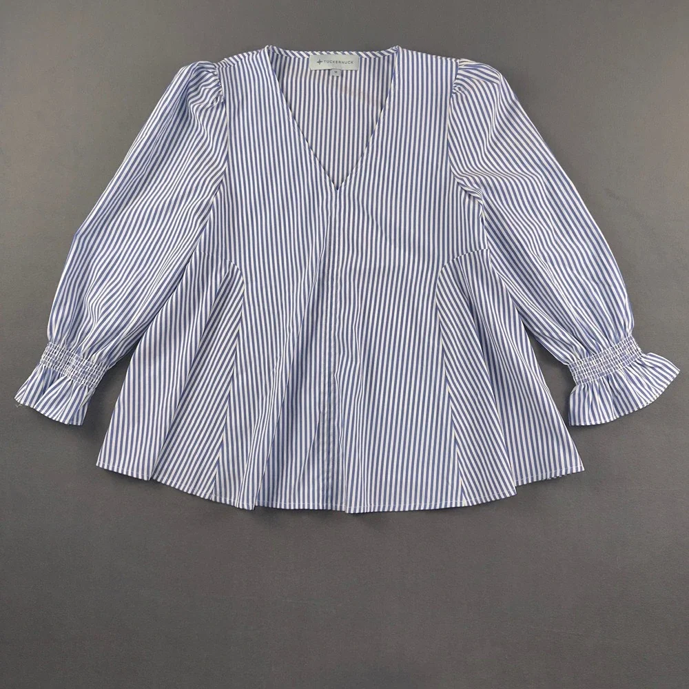 Tuckernuck Blue and White Striped V-Neck Peplum Blouse
